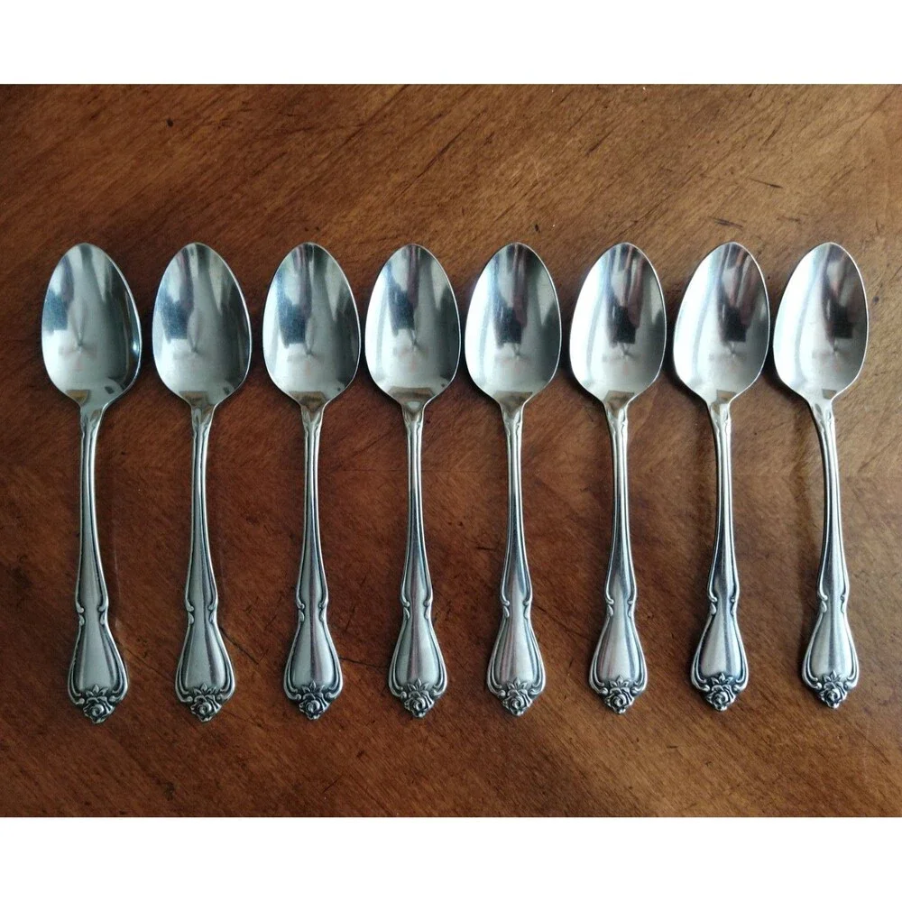 1881 Rogers Oneida Ltd Arbor Rose True Rose Stainless: Lot of 8x Teaspoon 6